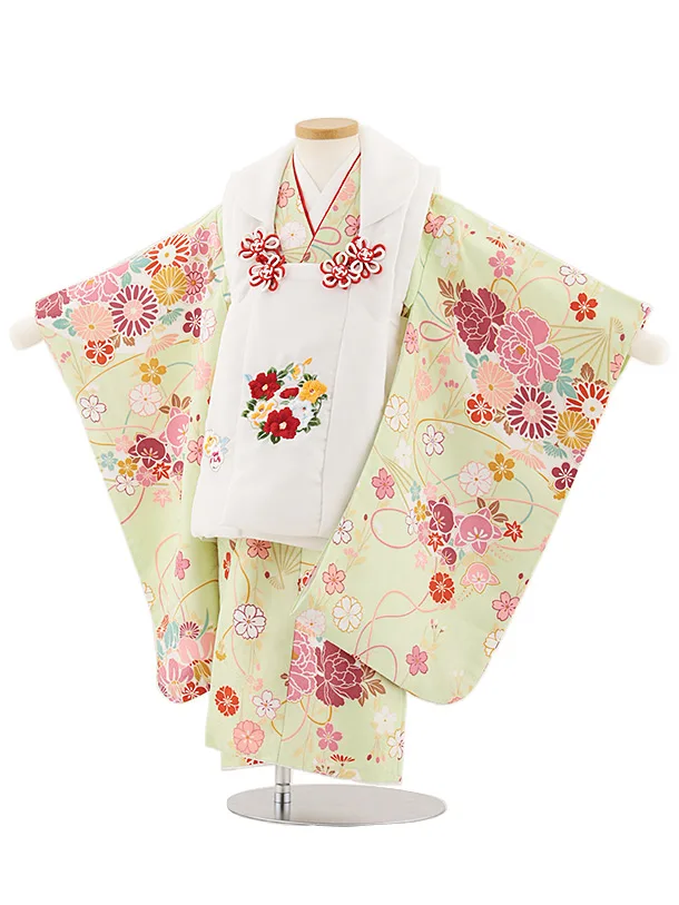 七五三レンタル(3歳女児被布)4880 白刺繍花丸×黄緑扇と古典花