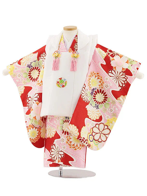七五三レンタル(3歳女児被布)4881 白刺繍鞠×赤古典花
