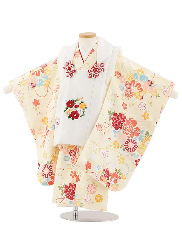 七五三レンタル(3歳女児被布)4882 白刺繍花丸×クリーム扇と古典花