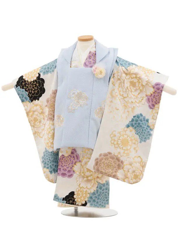 七五三レンタル(3歳女児被布)4883 花わらべ パープルブルー×白地華