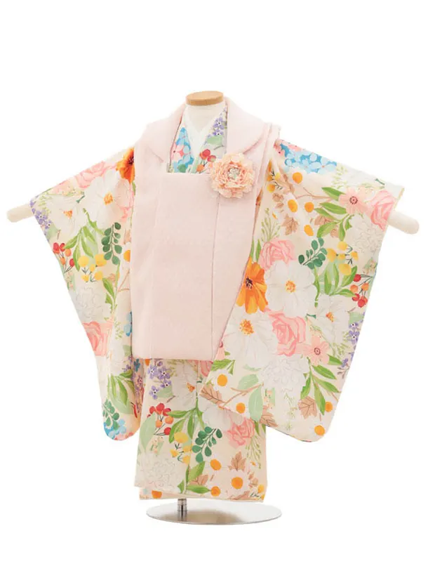 七五三(3歳女児被布)4885 花わらべ ピンク×クリームフラワーガーデン