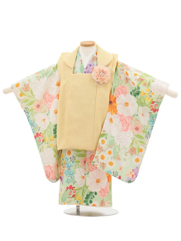 七五三(3歳女児被布)4886 花わらべ イエロー×グリーンフラワーガーデン