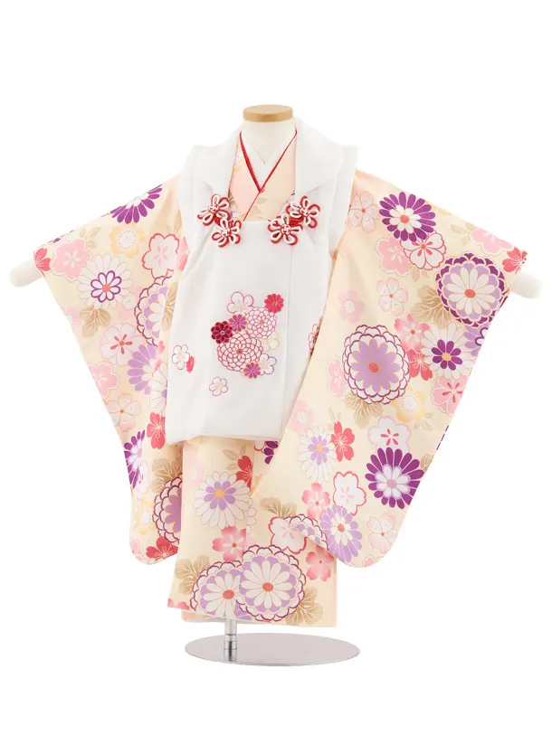 七五三レンタル(3歳女児被布)4890 白花刺繍×クリームピンクぼかし菊