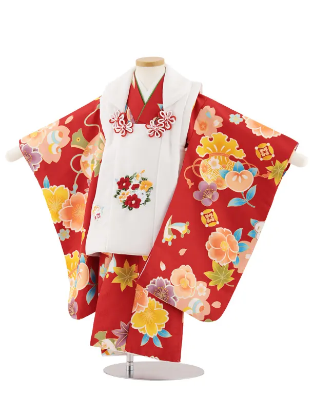 七五三レンタル(3歳女児被布)4894 白地刺繍花×赤地桜宝尽くし