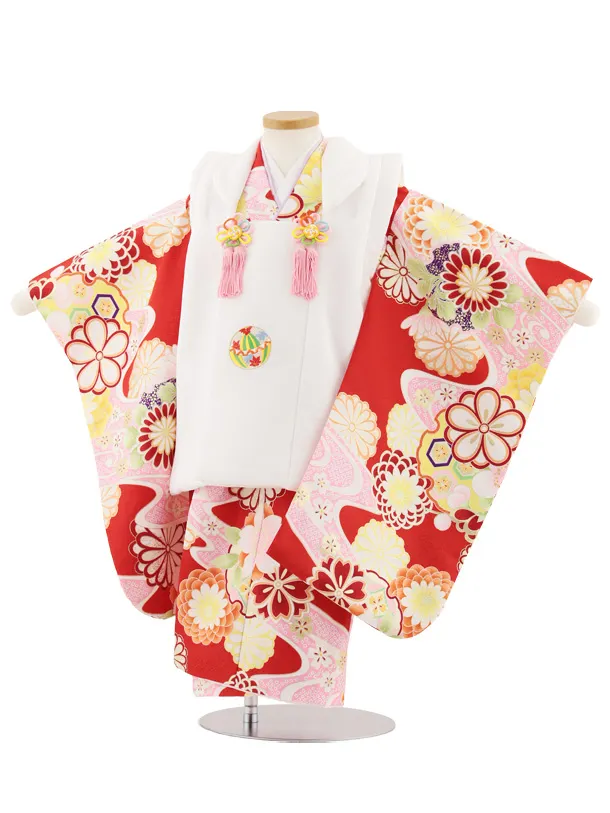七五三レンタル(3歳女児被布)4896 白地刺繍鞠×赤古典花