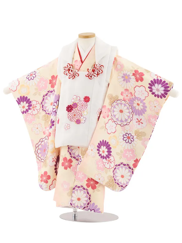 七五三レンタル(3歳女児被布)4897 白花刺繍×クリームピンクぼかし菊