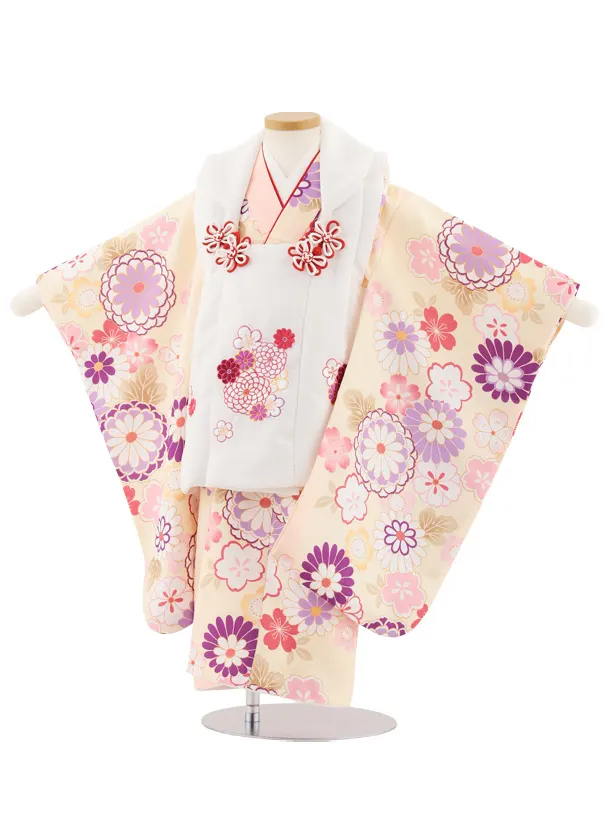 七五三レンタル(3歳女児被布)4898 白花刺繍×クリームピンクぼかし菊