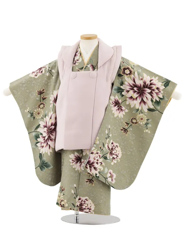 七五三レンタル(3歳女児被布)4900 ピンク×スモーキーグリーンダリア