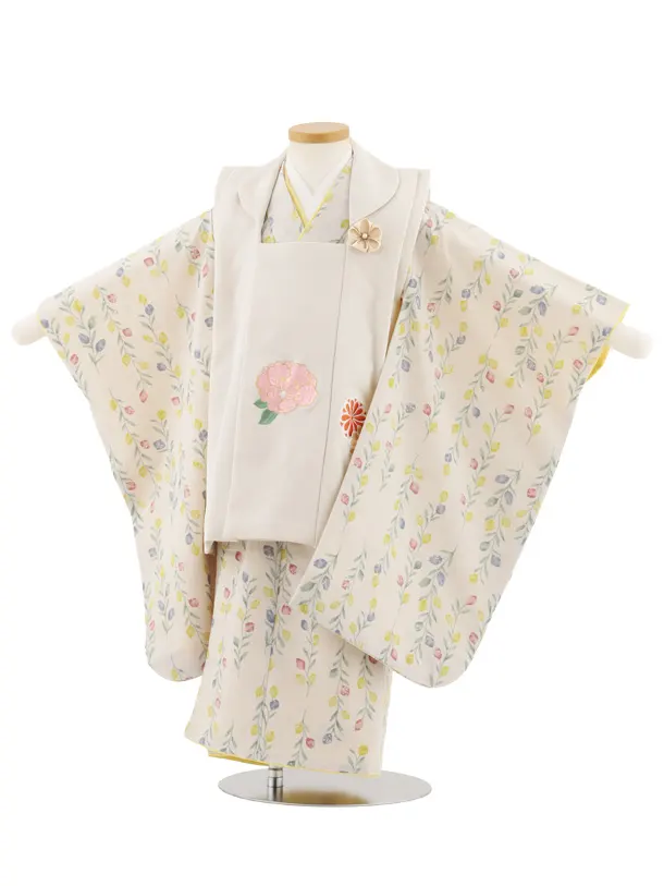 七五三レンタル(3歳女児被布)4901 ベージュ刺繍花×ベージュ小花