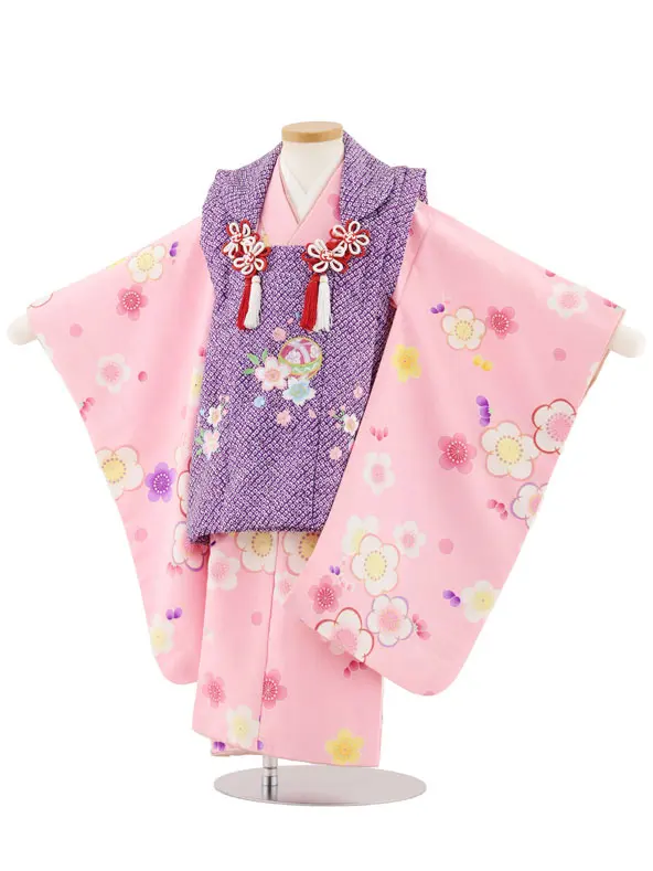 七五三レンタル(3歳女児被布)4905 パープル刺繍桜×ピンク桜地 梅