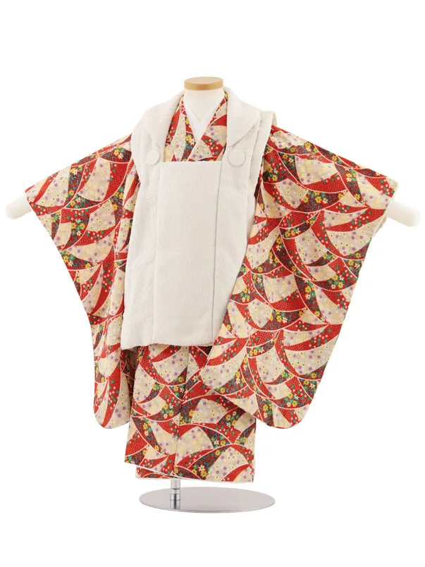 七五三レンタル(3歳女児被布)4906 アイボリー×赤和柄小花