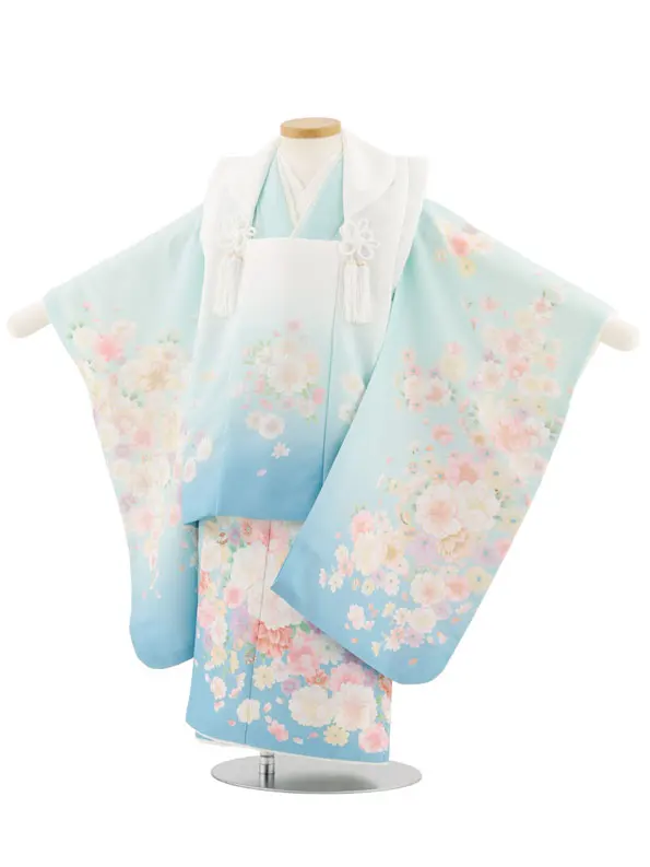 七五三レンタル(3歳女児被布)4907 ミント×ブルー八重桜
