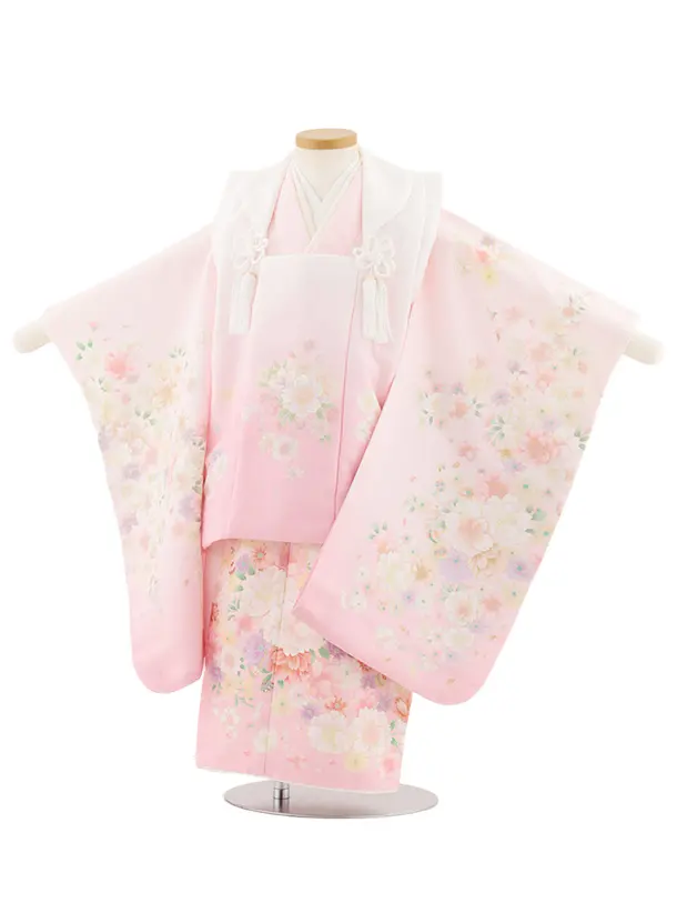 七五三レンタル(3歳女児被布)4909 白地×ピンク八重桜