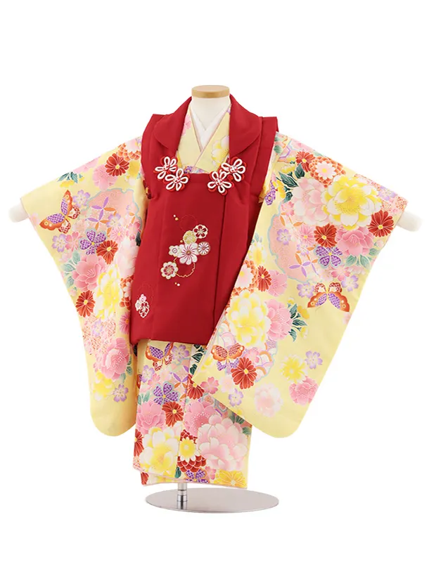 七五三レンタル(3歳女児被布)4912 赤刺繍花×黄 雪輪に花蝶