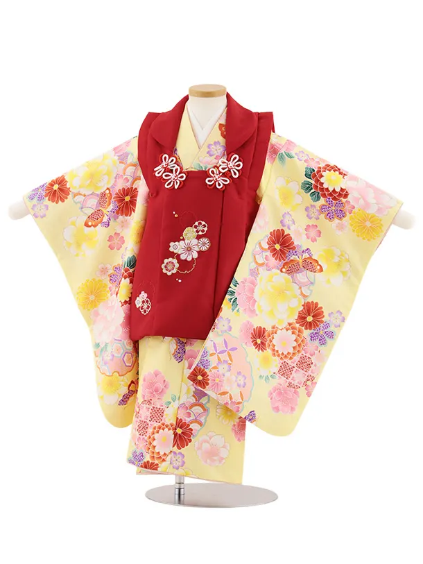 七五三レンタル(3歳女児被布)4913 赤刺繍花×黄 雪輪に花蝶