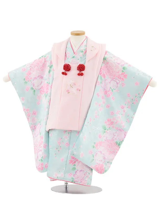 七五三レンタル(3歳女児被布)4920 ピンク刺繍うさぎ×水色 桜地模様