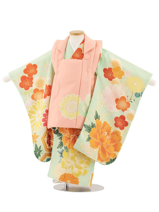 七五三レンタル(3歳女児被布)4922 ピンク菊×グリーン 牡丹に梅