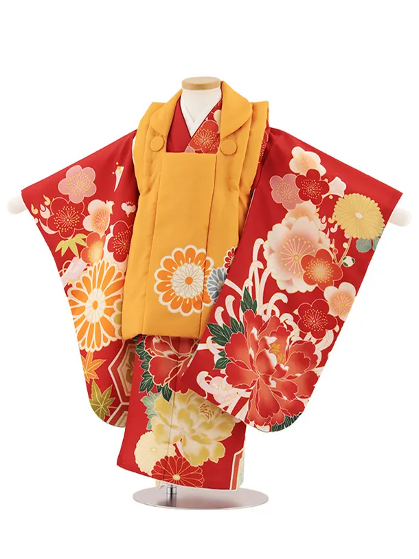 七五三レンタル(3歳女児被布)4923 からし菊×赤地 牡丹に梅