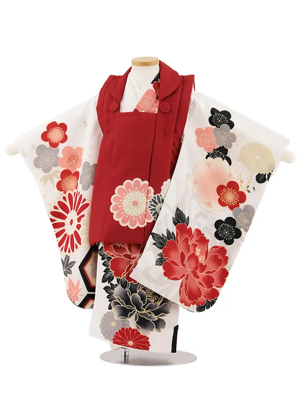 七五三レンタル(3歳女児被布)4924 赤菊×白地 牡丹に梅