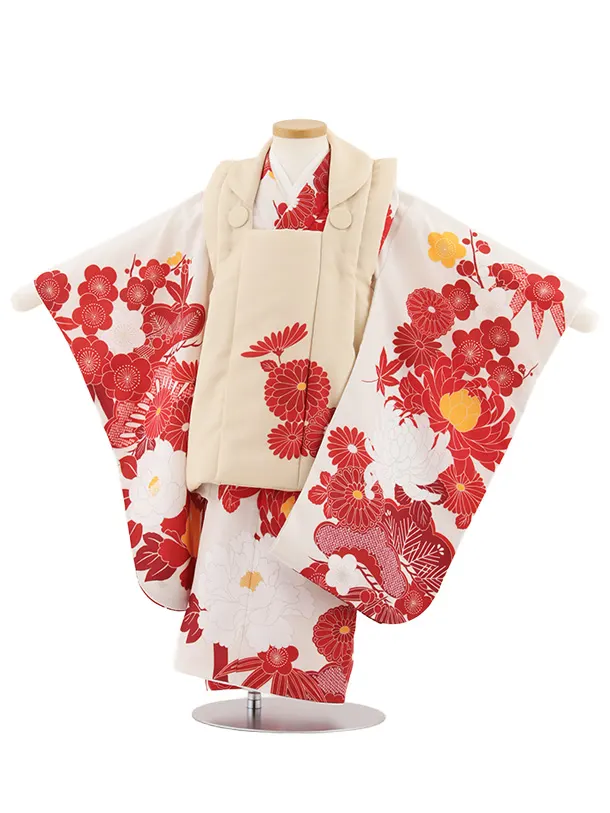 七五三レンタル(3歳女児被布)4926 ベージュ菊×白地牡丹に松竹梅