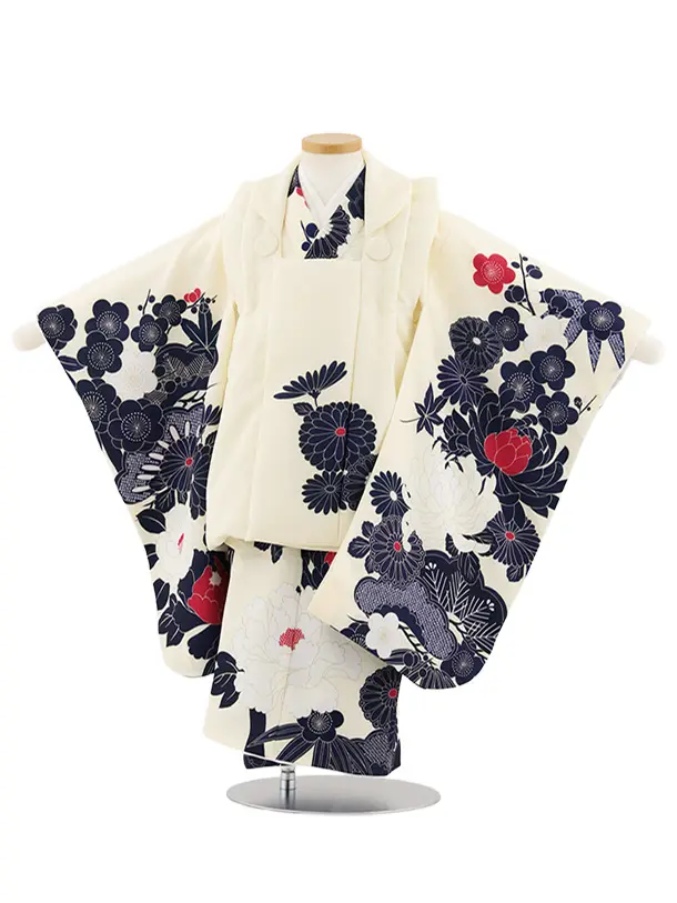 七五三レンタル(3歳女児被布)4927 アイボリー菊×白地牡丹に松竹梅
