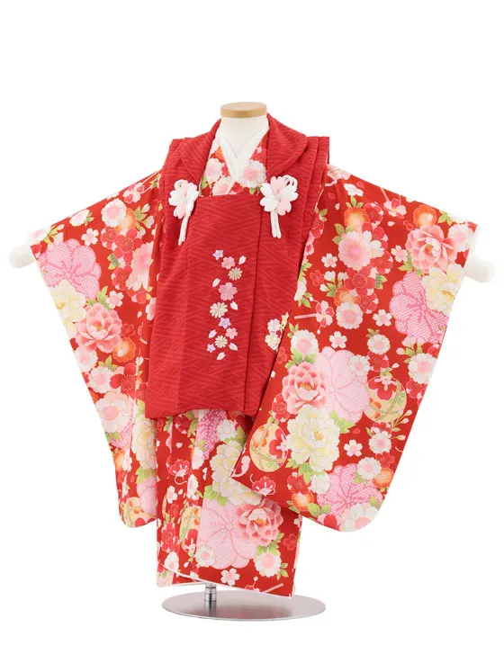 七五三レンタル(3歳女児被布)4936 式部浪漫 赤刺繍花×桜に鞠