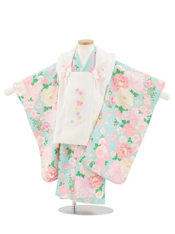 七五三(3歳女児被布)4938 式部浪漫 アイボリー刺繍花×ヒワブルー桜に鞠