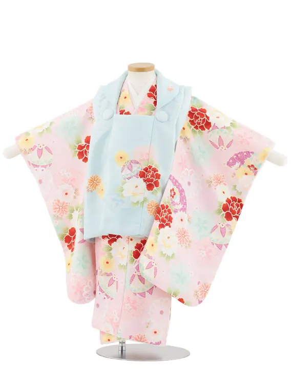 七五三レンタル(3歳女児被布)4945 水色×薄ピンク 鞠と古典花