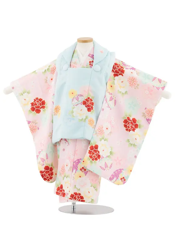 七五三レンタル(3歳女児被布)4946 水色×薄ピンク 鞠と古典花