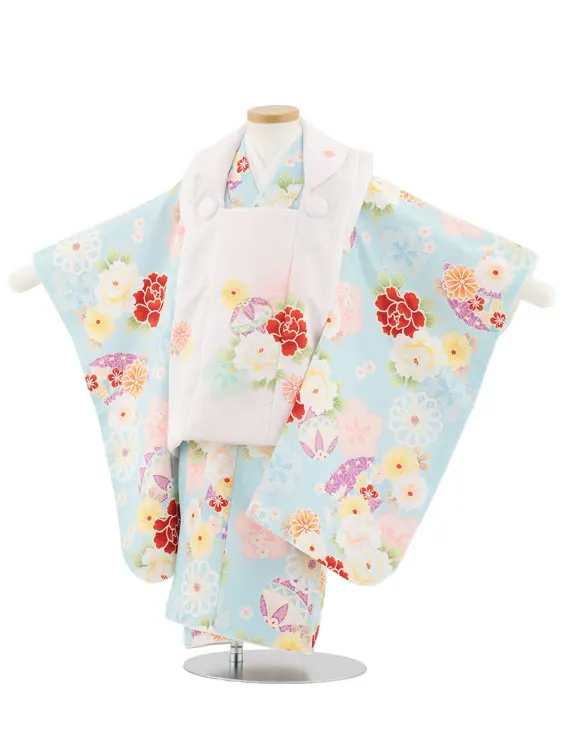 七五三レンタル(3歳女児被布)4948 薄ピンク×水色 鞠と古典花