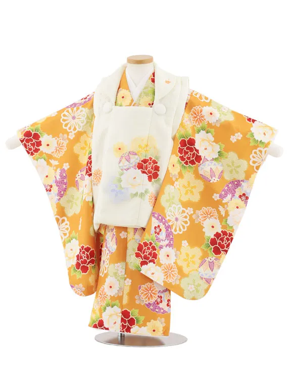 七五三レンタル(3歳女児被布)4949 アイボリー×山吹色 鞠と古典花