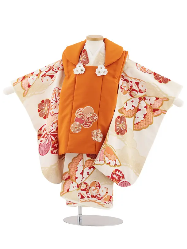 七五三レンタル(3歳女児被布)4958 ぷちぷり オレンジ×ベージュねじり梅