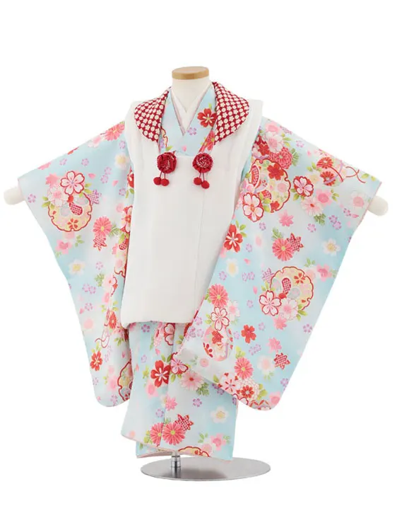 七五三レンタル(3歳女児被布)4963 ホワイト×水色雪輪に桜