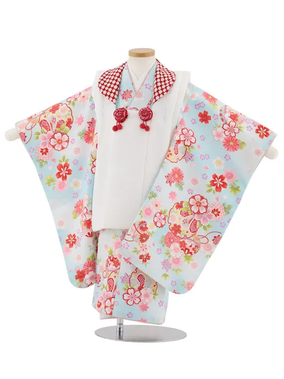 七五三レンタル(3歳女児被布)4964 ホワイト×水色雪輪に桜