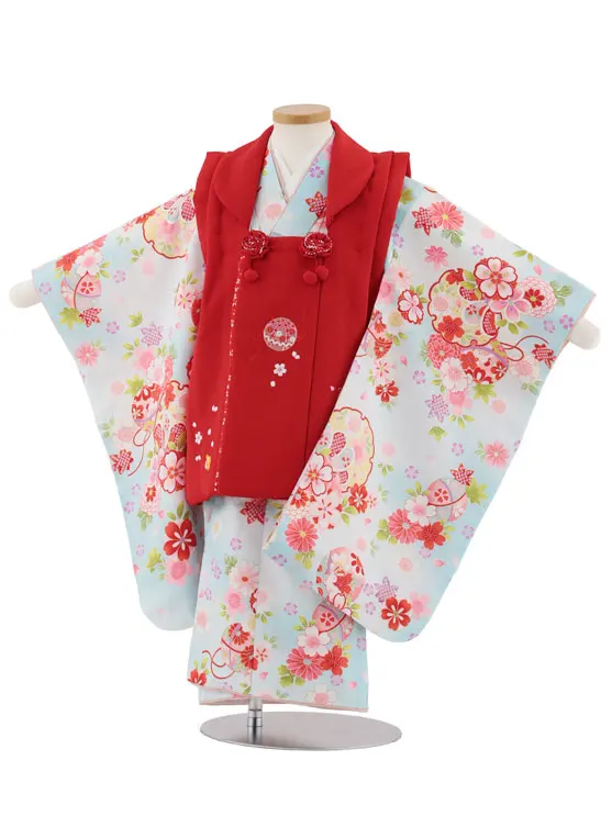 七五三レンタル(3歳女児被布)4965 赤刺繍鞠×水色雪輪に桜