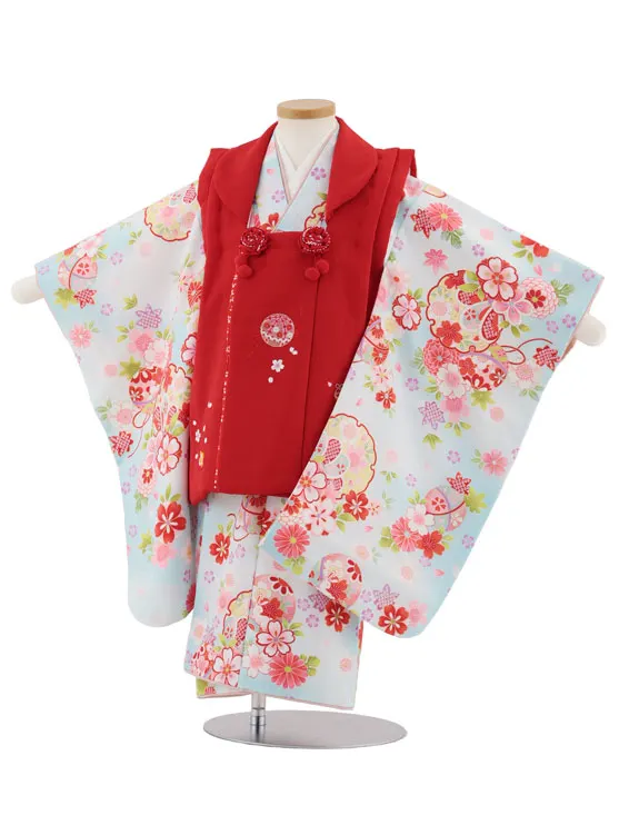 七五三レンタル(3歳女児被布)4966 赤刺繍鞠×水色雪輪に桜
