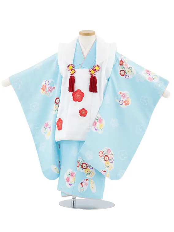 七五三レンタル(3歳女児被布)4967 白地梅×水色梅花