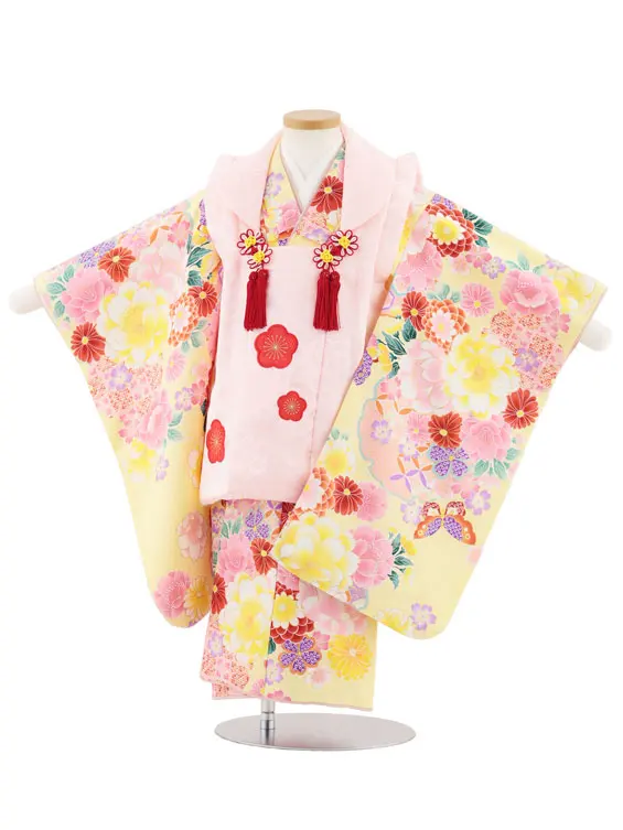 七五三レンタル(3歳女児被布)4969 ピンク梅×黄色 花と蝶