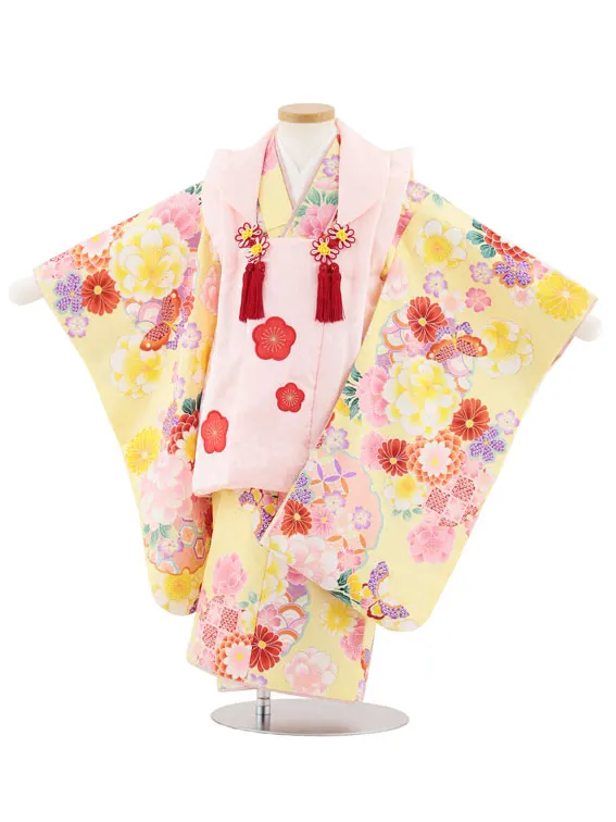 七五三レンタル(3歳女児被布)4970 ピンク梅×黄色 花と蝶