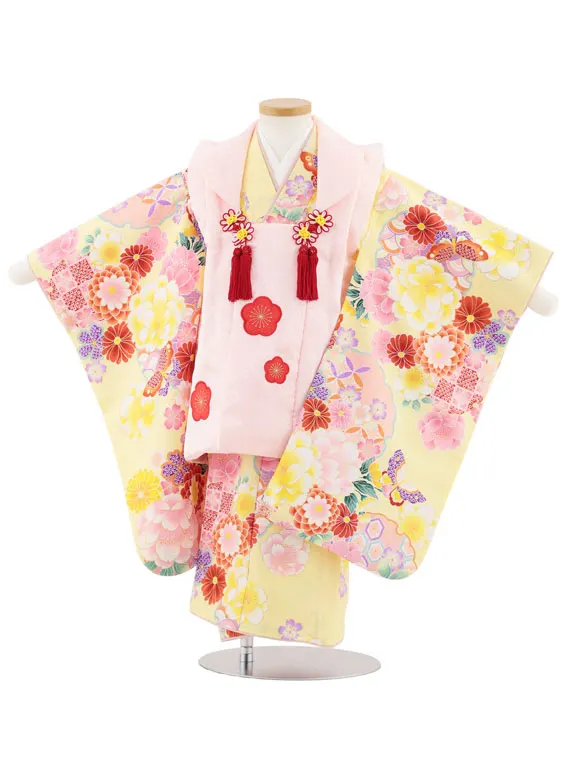 七五三レンタル(3歳女児被布)4971 ピンク梅×黄色 花と蝶