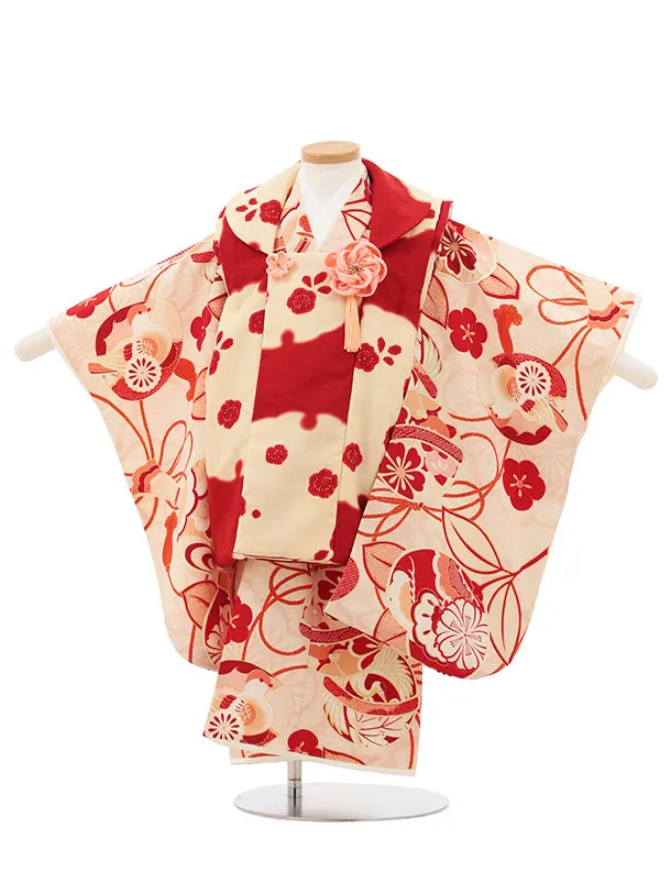七五三レンタル(3歳女児被布)4972 京舞 赤×クリーム雪輪に梅