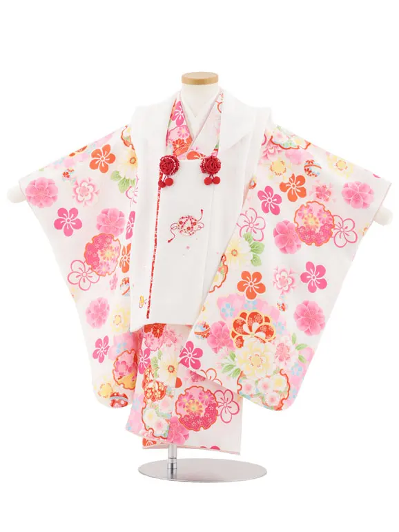 七五三レンタル(3歳女児被布)4976 白刺繍鞠×雪輪にねじり梅