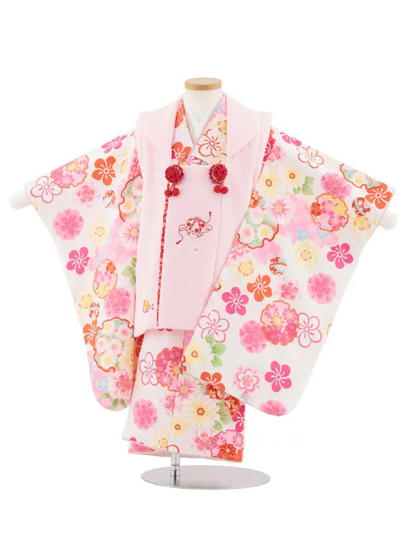 七五三レンタル(3歳女児被布)4978 ピンク刺繍鞠×白雪輪にねじり梅