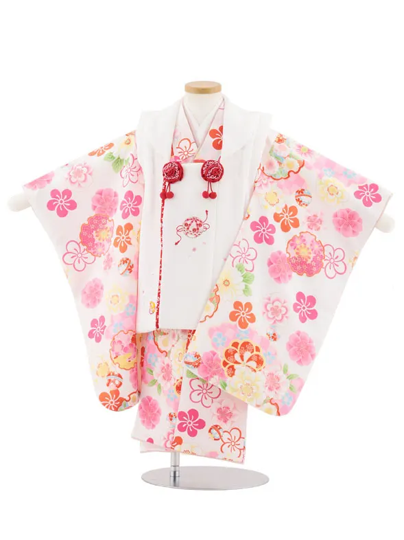七五三レンタル(3歳女児被布)4979 白刺繍鞠×雪輪にねじり梅
