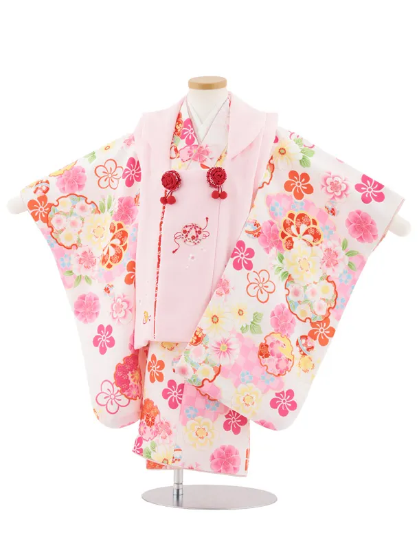 七五三レンタル(3歳女児被布)4980 ピンク刺繍鞠×白雪輪にねじり梅