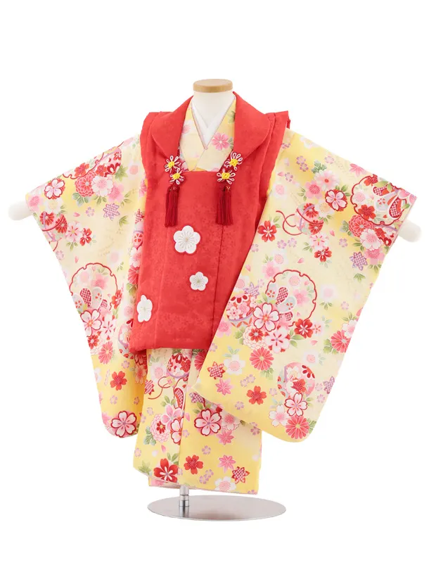 七五三レンタル(3歳女児被布)4981 赤地梅×薄黄ぼかし 雪輪鞠