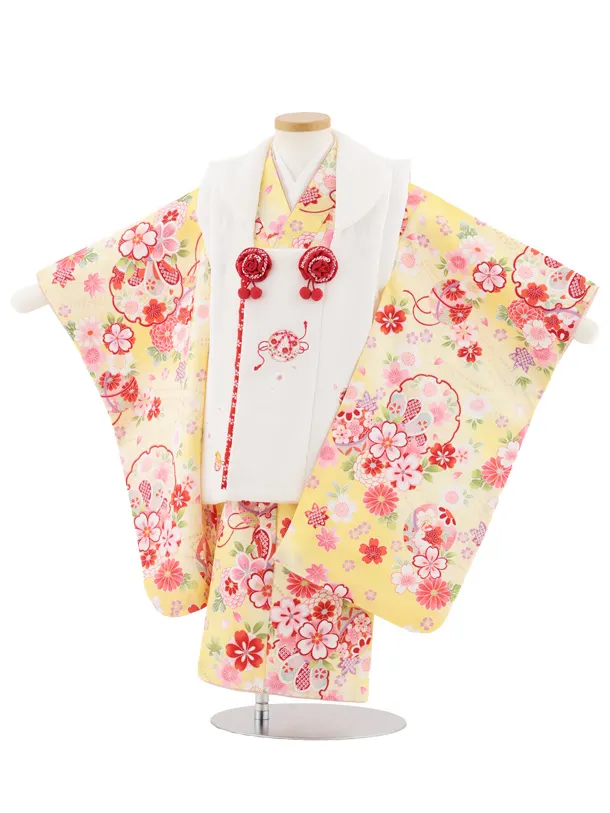 七五三レンタル(3歳女児被布)4982 白刺繍鞠×薄黄ぼかし 雪輪鞠