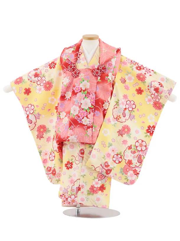 七五三レンタル(3歳女児被布)4983 赤地花×薄黄ぼかし 雪輪鞠