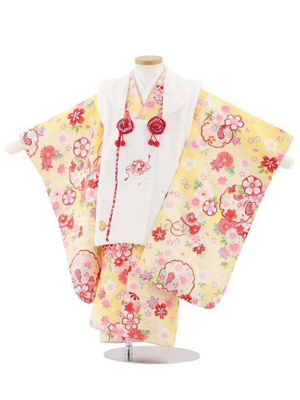 七五三レンタル(3歳女児被布)4984 白刺繍鞠×薄黄ぼかし 雪輪鞠