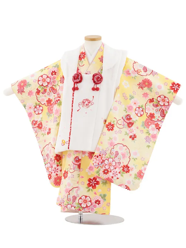 七五三レンタル(3歳女児被布)4986 白刺繍鞠×薄黄ぼかし 雪輪鞠